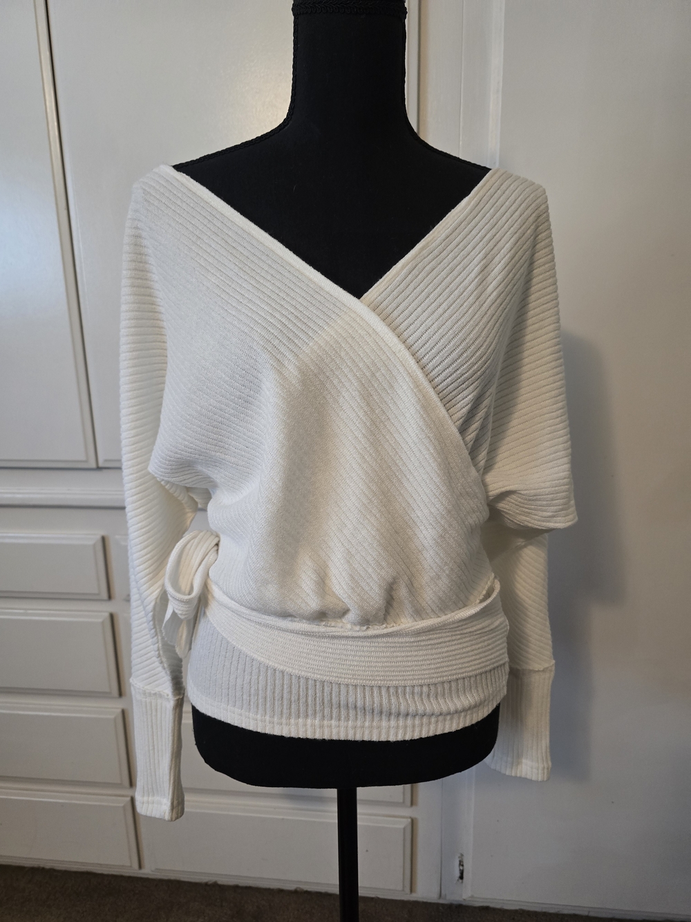 Women's Cream Wrap Rib-Knit Dolman Sweater